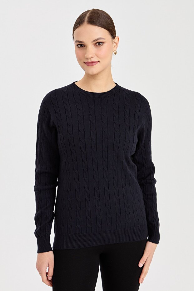 Women's Crew Neck Braided Sweater Navy Blue