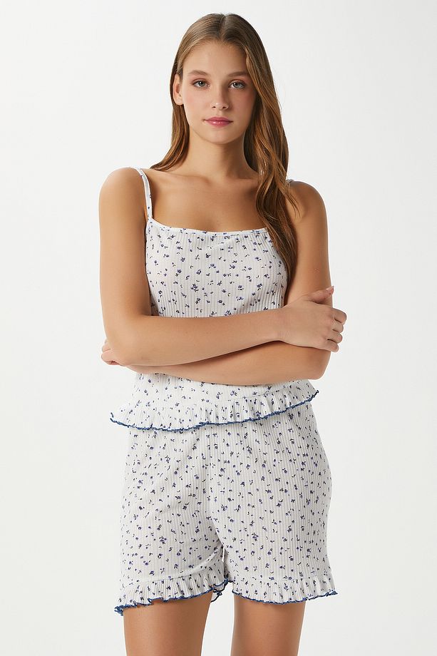 Kadın Paula Askılı Mavi Fırfır Şortlu Pijama Takımı - 8