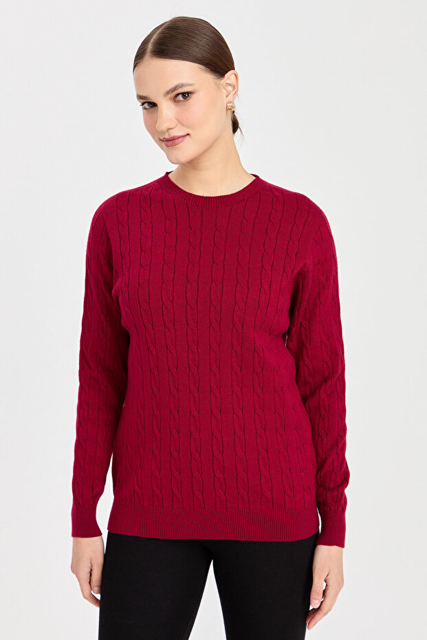 Women's Crew Neck Braided Sweater Cherry