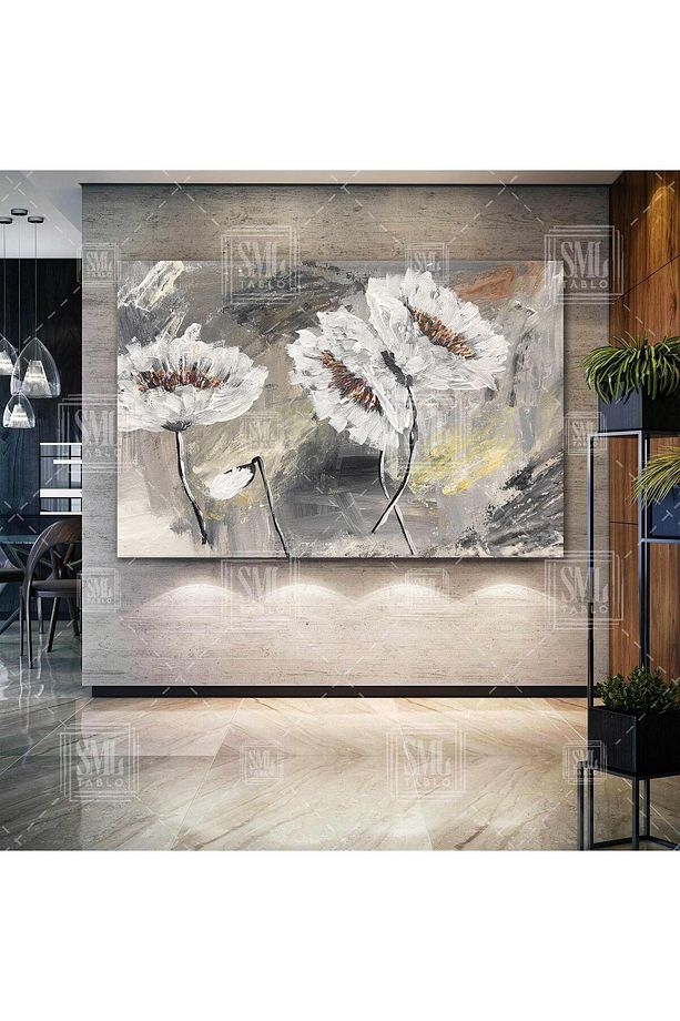 Beyaz Açmış Çiçekler Soyut Yağlı Boya Efektli Dekoratif Modern Sanat Doğa Manzara Yatay Kanvas Tabl - 1