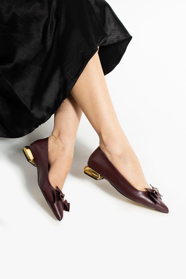 Burgundy Matte Vegan Leather Bow Gold Heeled Pointed Toe Women's Ballerina Shoes – Daily Elegance