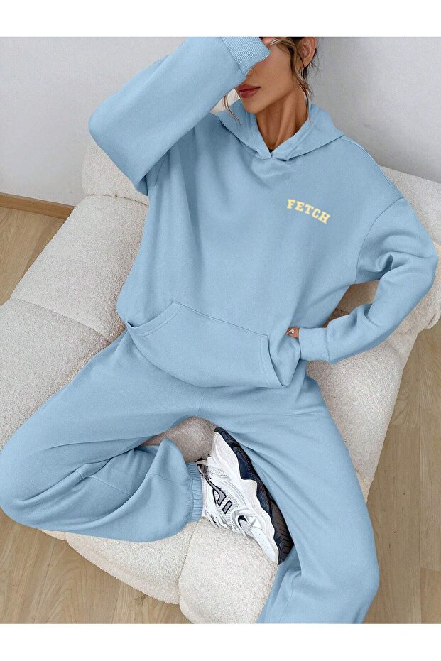 طقم بدلة رياضية من Fetch Sweatshirt Jogger - غطاء رأس كبير الحجم مطبوع باللون الأزرق الفاتح