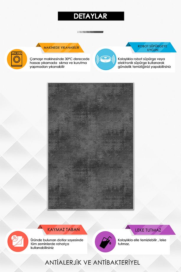 Makinede Yıkanabilir Kaymaz Taban Leke Tutmaz Siyah Salon Halısı Mutfak Halısı ve Yolluk - 3