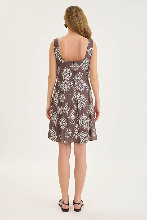 Thick Strap Patterned Pleated Mini Dress - 8