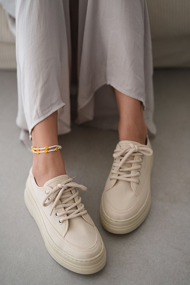 Peint Yüksek Tabanlı Bağcıklı Sneaker- BEJ - 6