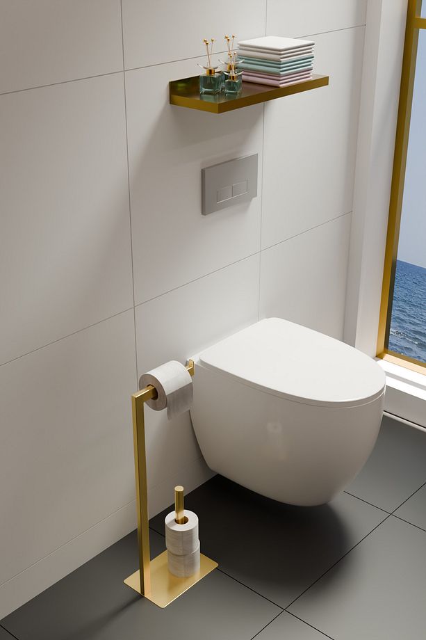 Yedek Bölmeli Ayaklı Metal Tuvalet Kağıtlığı WC Kağıtlık Altın Sarısı - 1