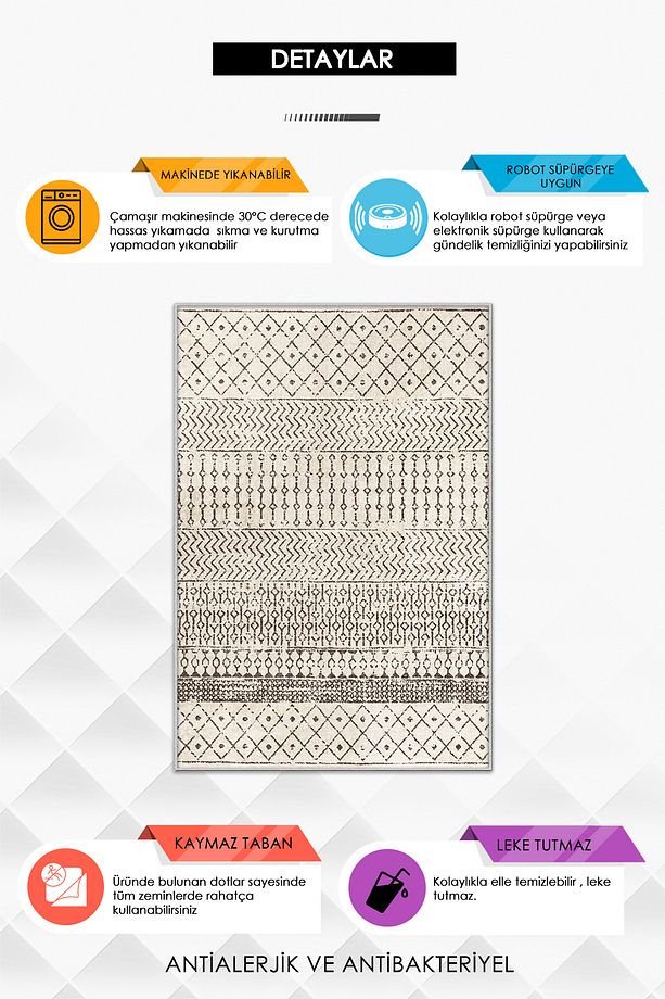 Makinede Yıkanabilir Kaymaz Taban Leke Tutmaz Krem Salon Halısı Mutfak Halısı ve Yolluk - 3