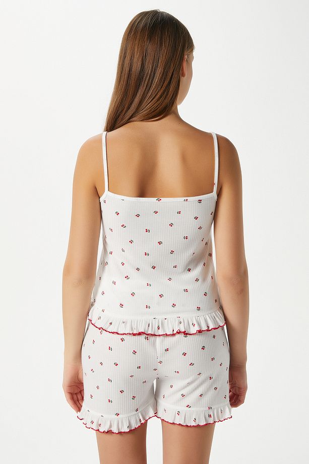 Kadın Paula Kiraz Desen Fırfır Şortlu Pijama Takımı - 4