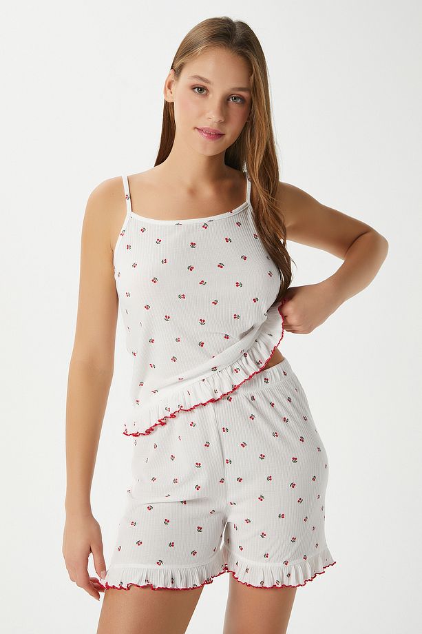 Kadın Paula Kiraz Desen Fırfır Şortlu Pijama Takımı - 3