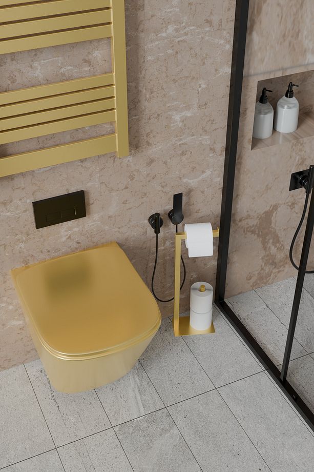 Yedek Bölmeli Ayaklı Metal Tuvalet Kağıtlığı WC Kağıtlık Altın Sarısı - 4