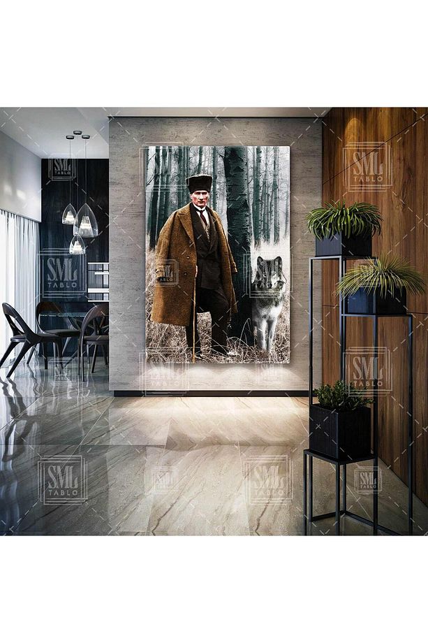 Mustafa Kemal Atatürk Ormanda Asil Kurt Dikey Kanvas Tablo - 1