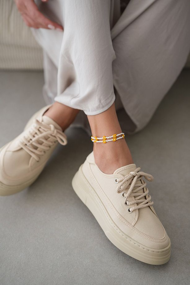 Peint Yüksek Tabanlı Bağcıklı Sneaker- BEJ - 4