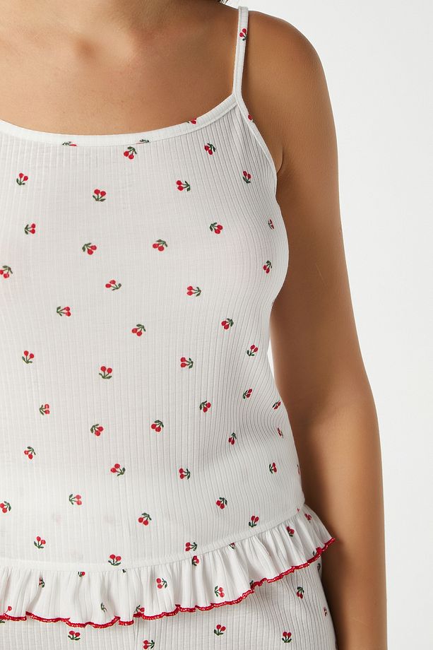 Kadın Paula Kiraz Desen Fırfır Şortlu Pijama Takımı - 5