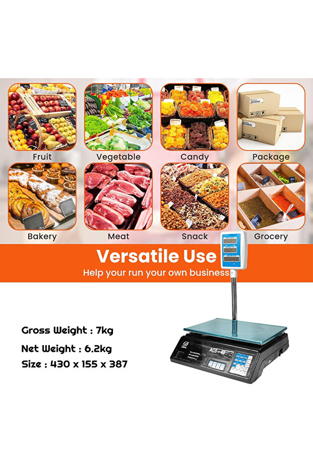 Digital Price Computing Scale - Max Weight 40kg, 5g Graduation, LCD Display, Versatile Use (ACS-40) - 4