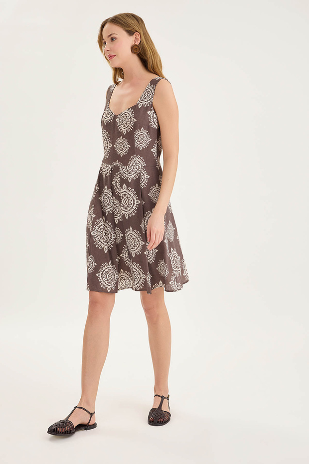 Thick Strap Patterned Pleated Mini Dress - 6