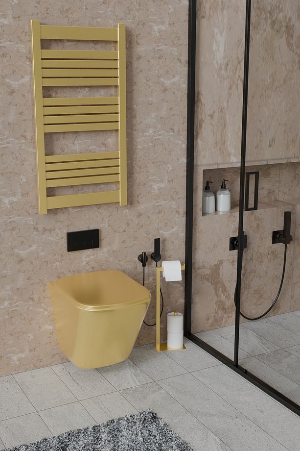 Yedek Bölmeli Ayaklı Metal Tuvalet Kağıtlığı WC Kağıtlık Altın Sarısı - 7