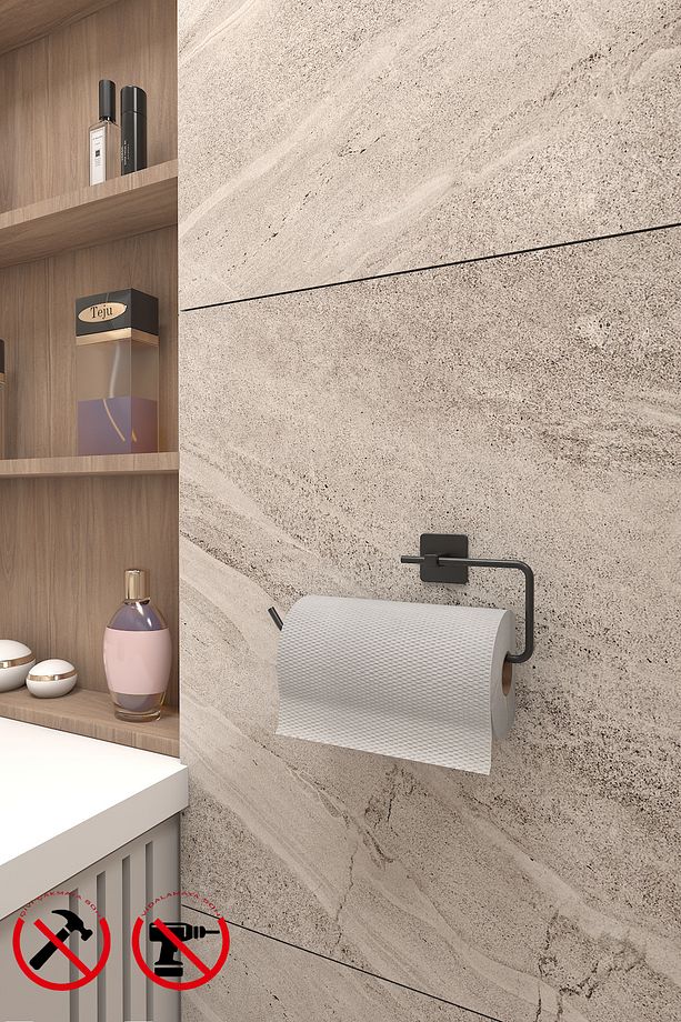 Jasmin Yapışkanlı Siyah Kare 3'lü Banyo Seti | Tuvalet Kağıtlığı, Solo Havluluk, Yuvarlak Havluluk - 9