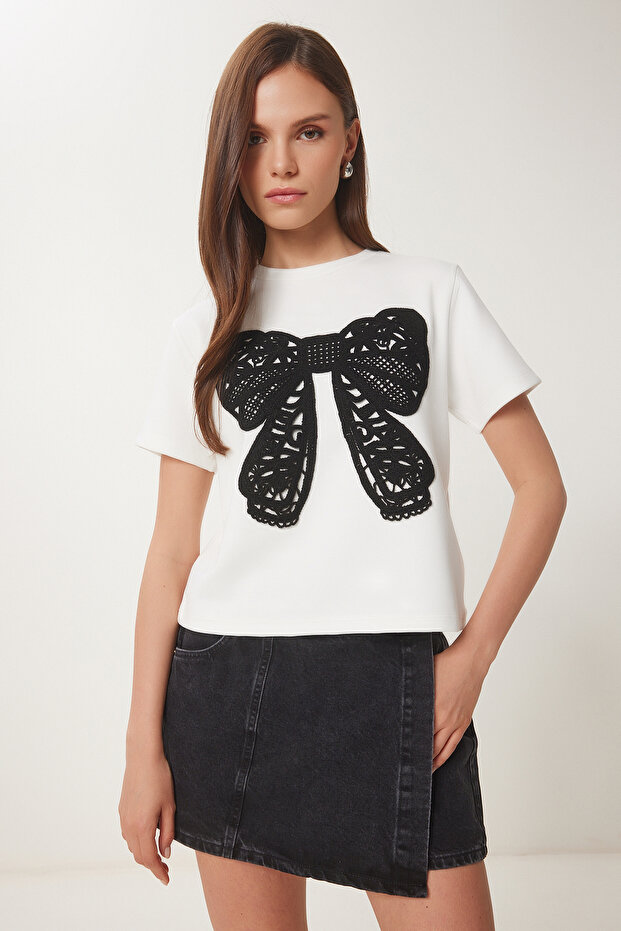 Guipure Bow Embroidered Knitted T-Shirt Bone Lcr0065