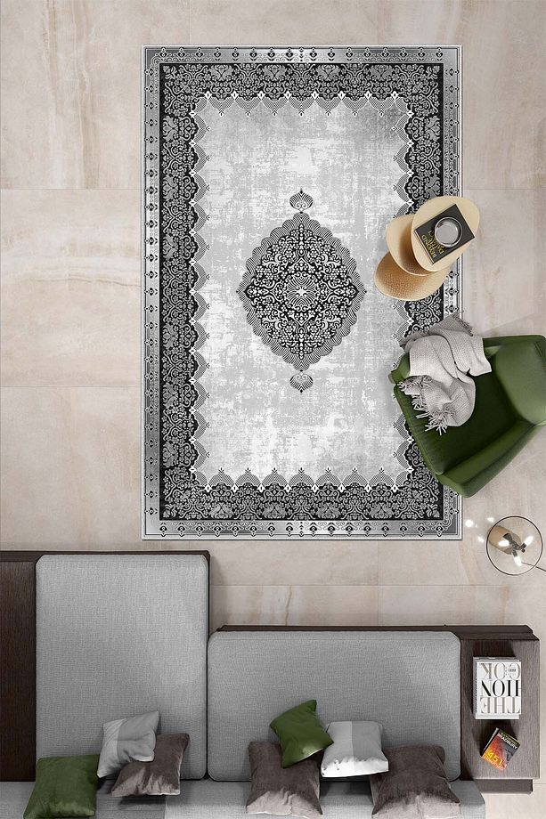 Makinede Yıkanabilir Kaymaz Taban Leke Tutmaz Gri Salon Halısı Mutfak Halısı ve Yolluk - 2