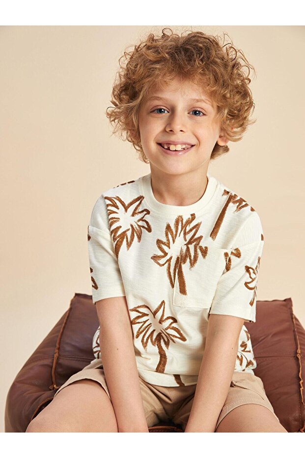 Lcw Kids Beige Resort Collar Printed Boys T-Shirt