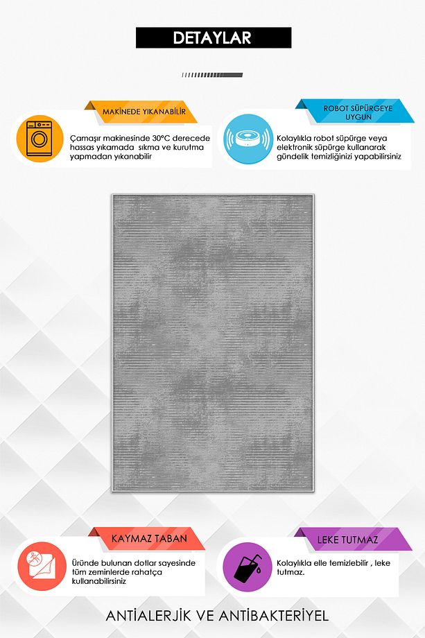 Makinede Yıkanabilir Kaymaz Taban Leke Tutmaz GRİ Salon Halısı Mutfak Halısı ve Yolluk - 3
