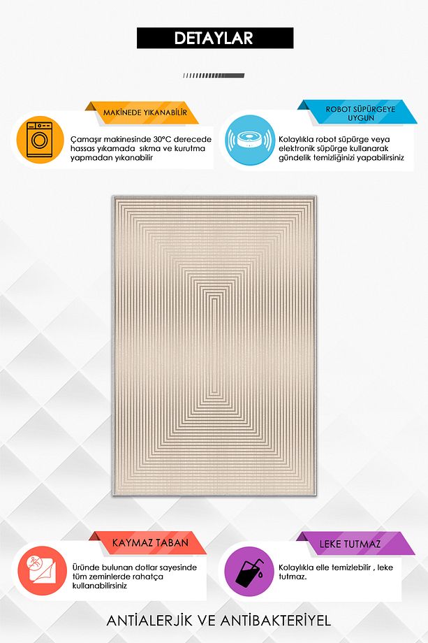 Makinede Yıkanabilir Kaymaz Taban Leke Tutmaz Modern Vizon Salon Halısı Mutfak Halısı ve Yolluk - 3