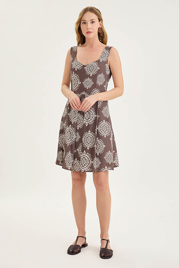 Thick Strap Patterned Pleated Mini Dress - 3