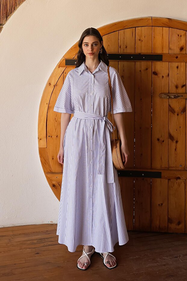 Belted Short Sleeve Striped Poplin Dress White 9317-E