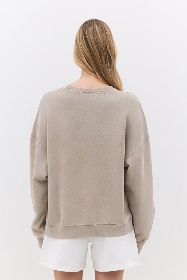 Oversize Fit Beige Basic Sweatshirt - 5