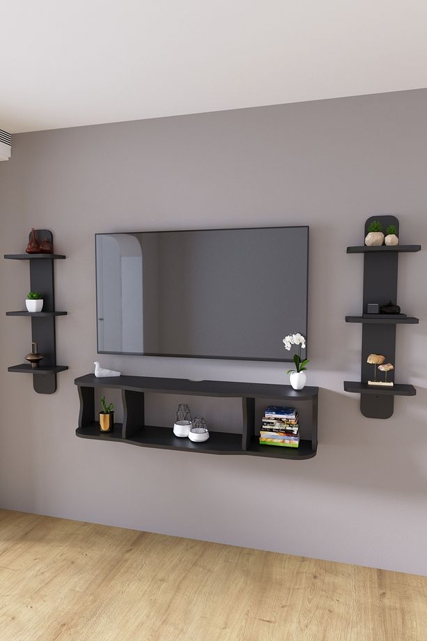 120cm Ayaksız Duvara Monteli Tv Ünitesi Ve 2 Adet 90cm Uzunluk Duvar Rafı Antrasit Gri - 4