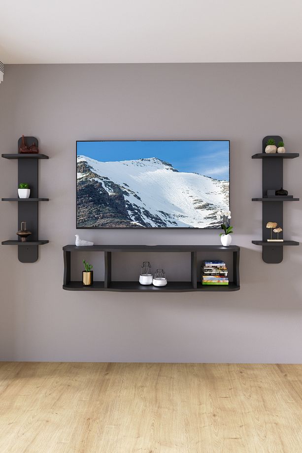 120cm Ayaksız Duvara Monteli Tv Ünitesi Ve 2 Adet 90cm Uzunluk Duvar Rafı Antrasit Gri - 6