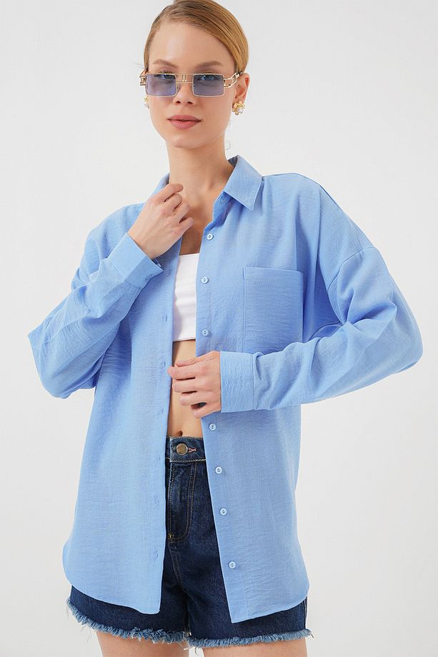 Kadın Tek Cepli Oversize Mavi Keten Gömlek - 3