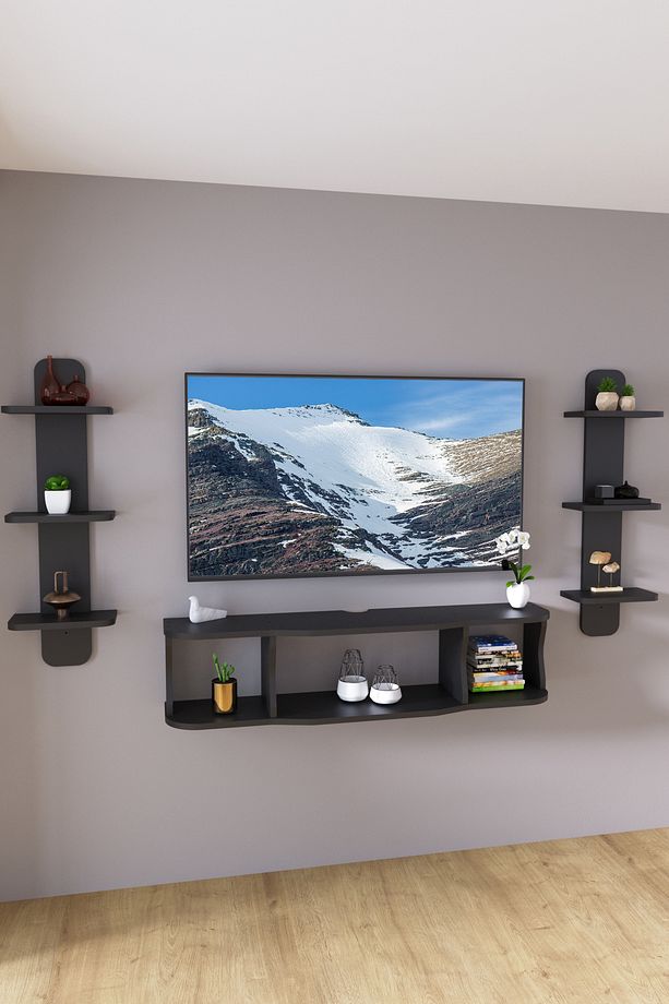 120cm Ayaksız Duvara Monteli Tv Ünitesi Ve 2 Adet 90cm Uzunluk Duvar Rafı Antrasit Gri - 8