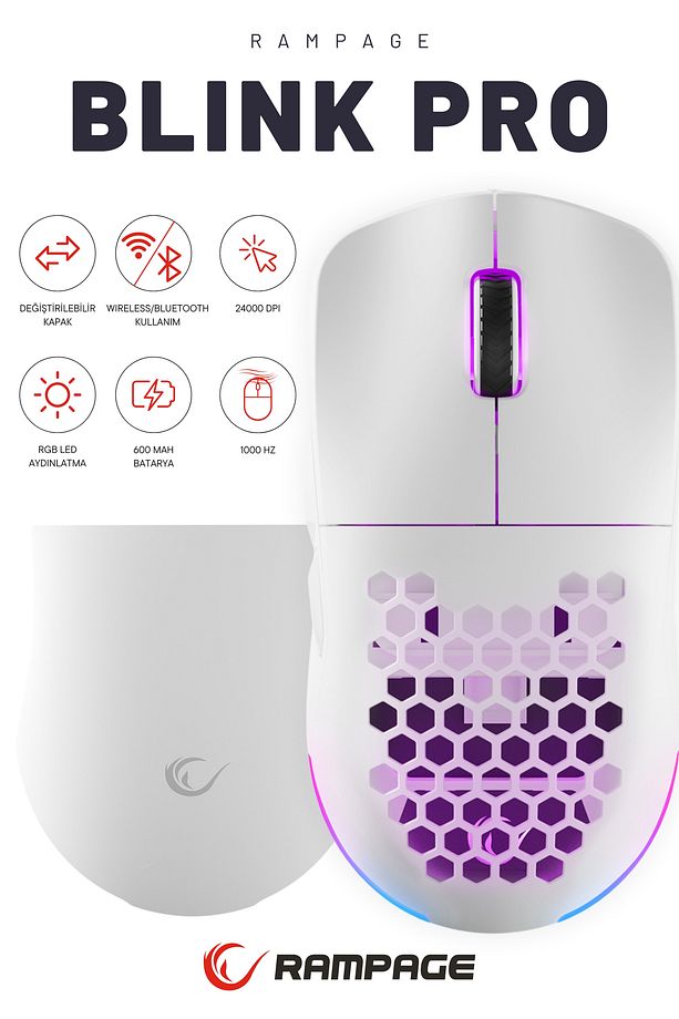 BlinkPro Bluetooth-Kablosuz-Kablolu Rgb Şarjlı 24000 Dpı 3311 Hafif Gaming Mouse Oyuncu Mouse Beyaz - 1