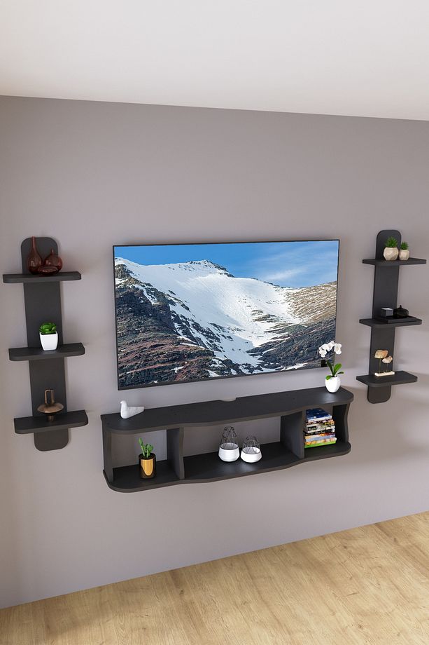 120cm Ayaksız Duvara Monteli Tv Ünitesi Ve 2 Adet 90cm Uzunluk Duvar Rafı Antrasit Gri - 2