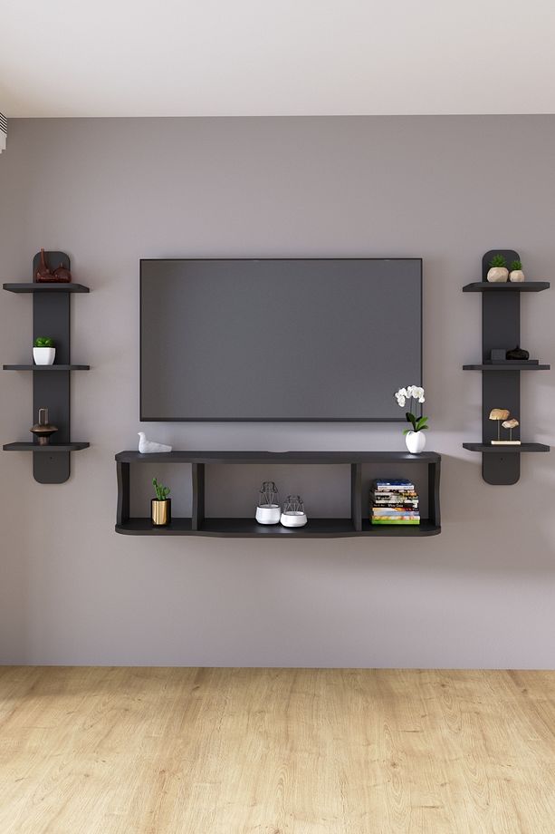 120cm Ayaksız Duvara Monteli Tv Ünitesi Ve 2 Adet 90cm Uzunluk Duvar Rafı Antrasit Gri - 1