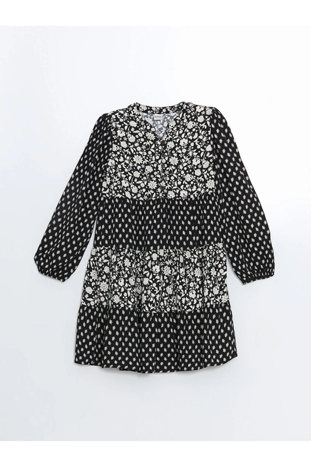 Lcw Kids Black Crew Neck Floral Girls' Dress