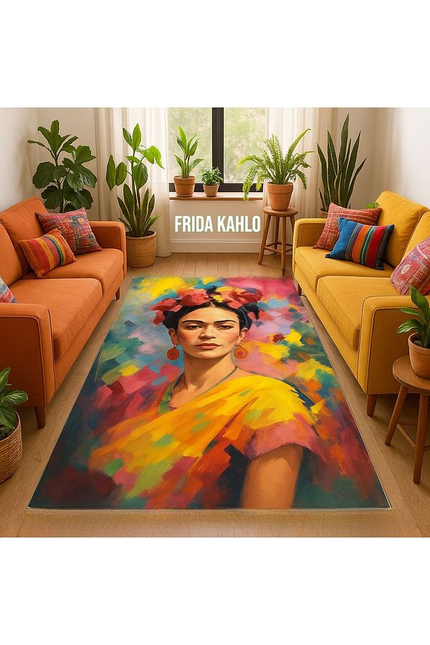 F.KAHLO DİJİTAL PAMUK DOKUMA KAYMAZ TABAN OTURMA ODASI GENÇ ODASI SALON HALISI - 1