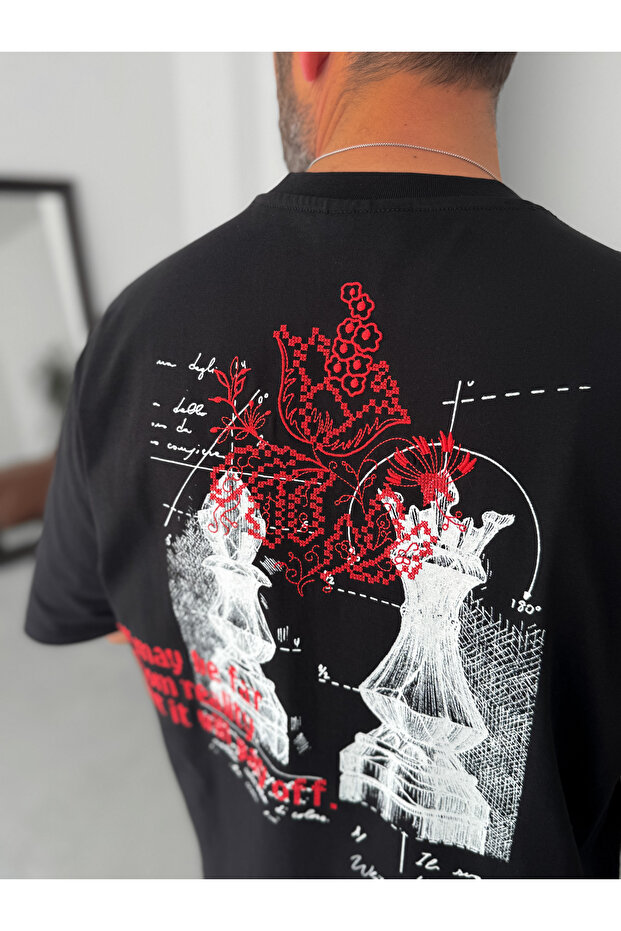 Siyah Piyon Baskılı Oversize T-Shirt YP-5072 - 3