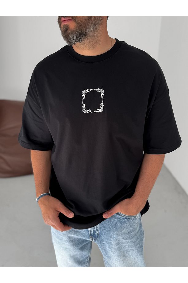 Siyah Hasır Patchli Motifli Oversize T-Shirt JJ-214 - 4