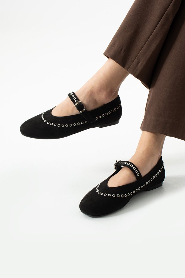 Daily Women's Black Suede Ballerina Ballerina Banded Rubber Buckle Studded Metal Ring Detailed Lightweight Shoes 305