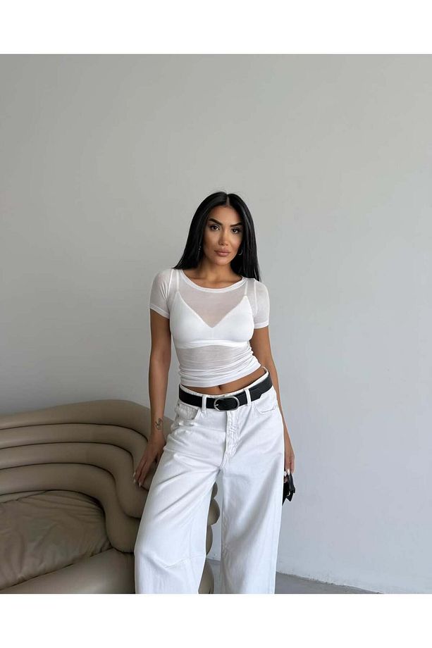 KADIN KAYIK YAKA KISA KOLLU TRANSPARAN SOFT TOUCH YUMUŞAK DOKU DÜZ BASİC CROP BLUZ BLZ5579 - 3
