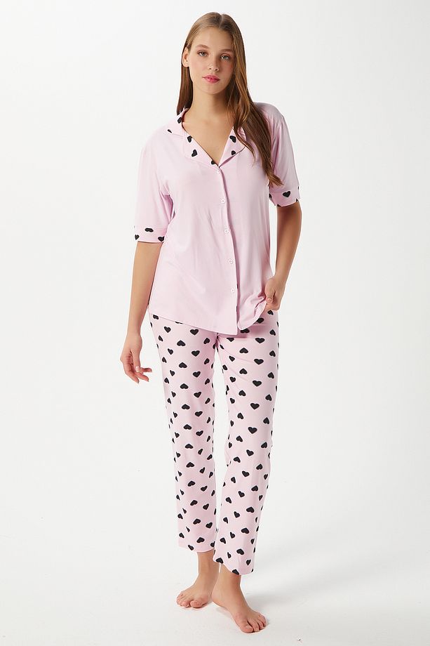 Kadın Lily Yumuşak Doku Pembe Kalpli Ön Düğmeli Kısa Kollu Pijama Takımı - 8
