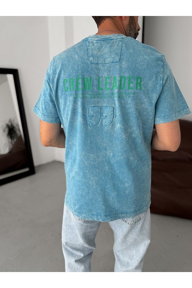 Mavi Yıkamalı Crew Baskılı Oversize T-Shirt YP-5039 - 1