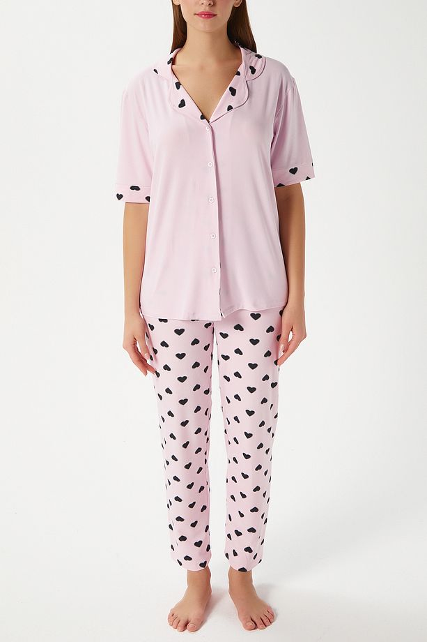 Kadın Lily Yumuşak Doku Pembe Kalpli Ön Düğmeli Kısa Kollu Pijama Takımı - 3