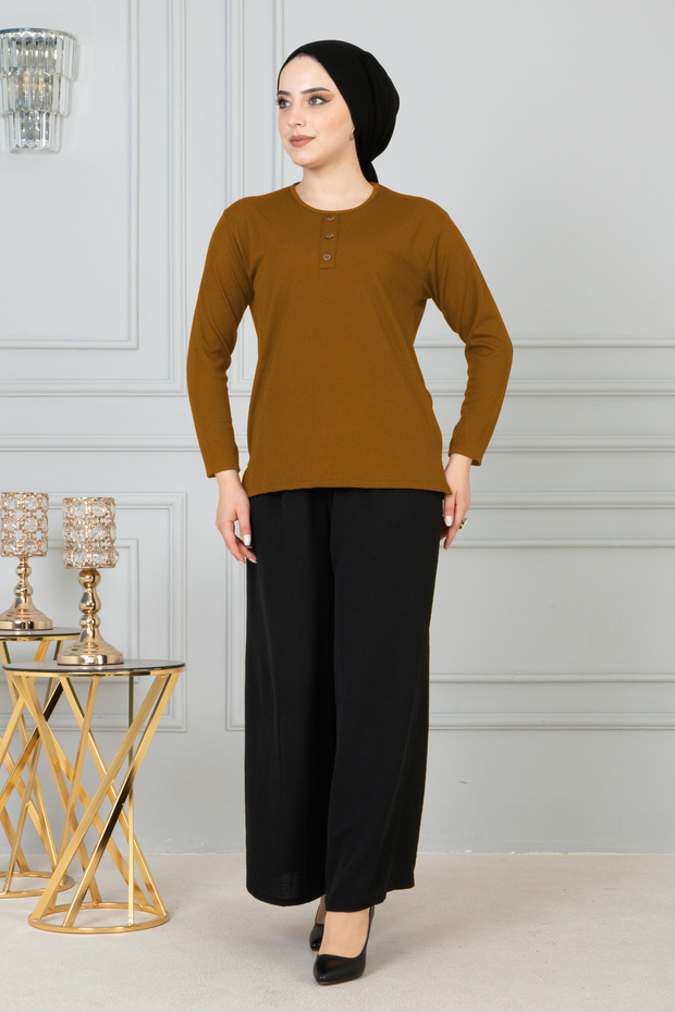 Women's Mother Relaxed Cut Loose Slim Fit Button Detailed Combed Cotton Blouse Brown