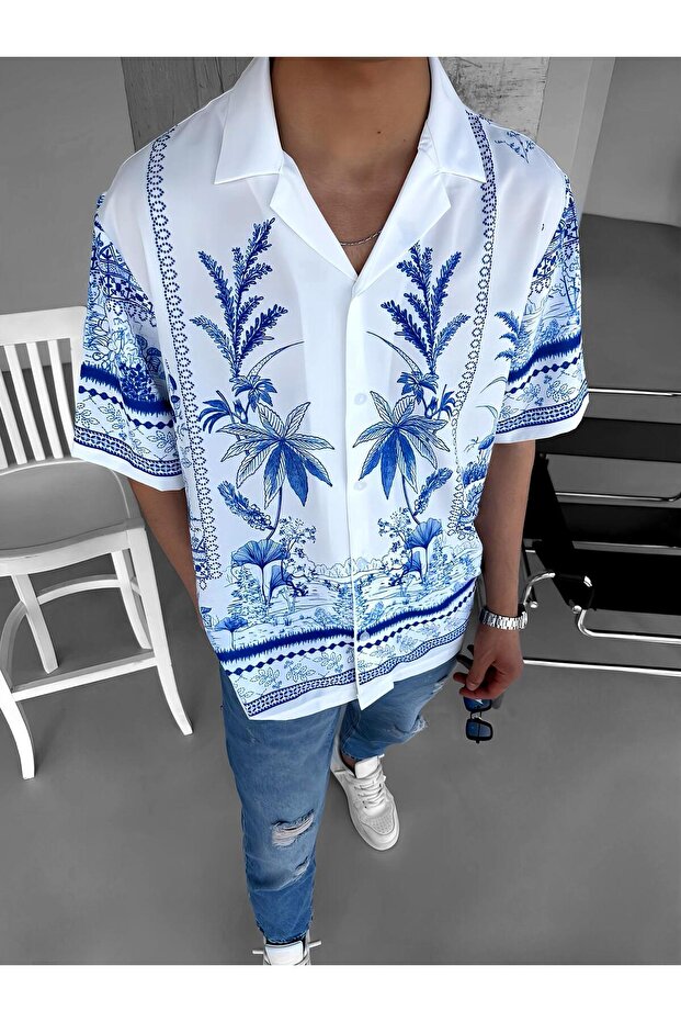 Men's Oversize Floral Patterned Cuban Collar Short Sleeve Shirt Ecru