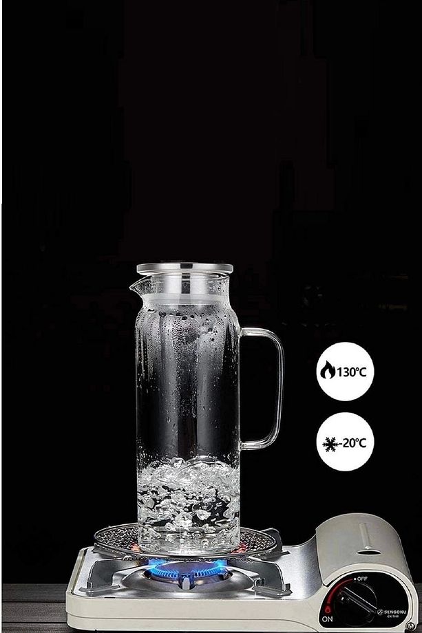 2'li Retro Cam Sürahi Kulplu Çelik Kapaklı Soğuk Sıcak Kokteyl Meşrubat Cam Sürahisi 1500 ml Seti - 2