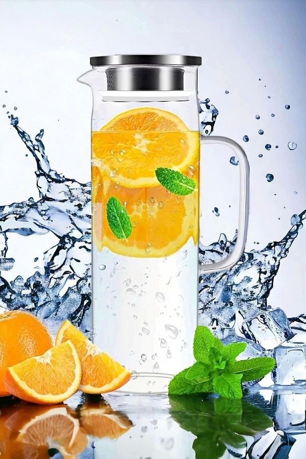 2'li Retro Cam Sürahi Kulplu Çelik Kapaklı Soğuk Sıcak Kokteyl Meşrubat Cam Sürahisi 1500 ml Seti - 3