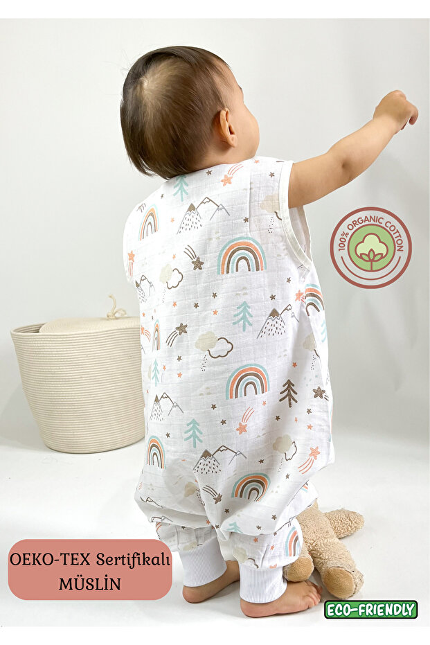 Las Vivas Kids Yazlık Müslin Uyku Tulumu, 0.5 Tog Tek Katlı Çocuk Uyku Tulumu,gökkuşağı Desenli Bebek Unisex Tulum